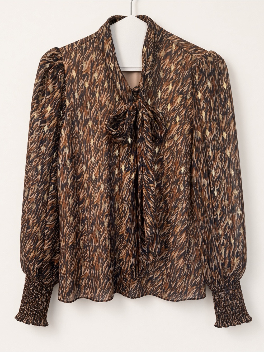 Vince Camuto Navy, Metallic Tie-Neck Brown Patterned Blouse